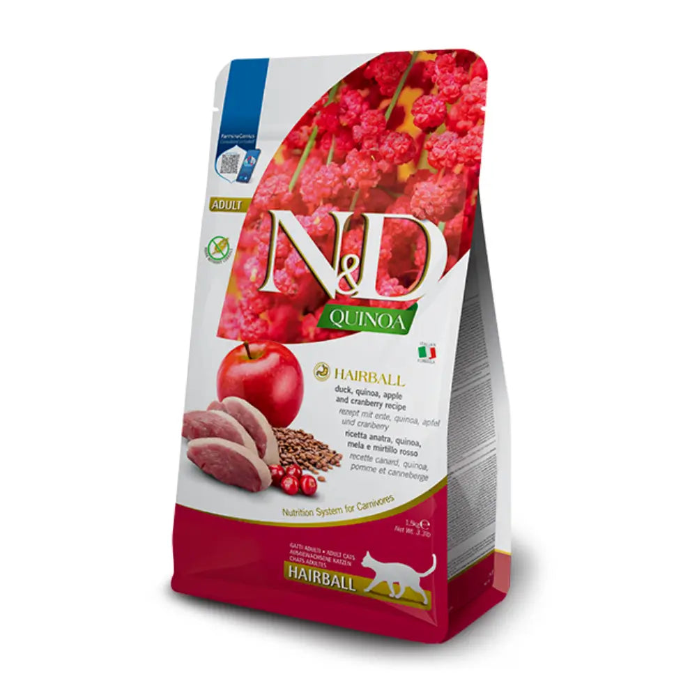 N&D Quinoa Tahılsız Ördek, Elma ve Kızılcıklı Hairball control Yetişkin Kedi Maması, 1.5kg